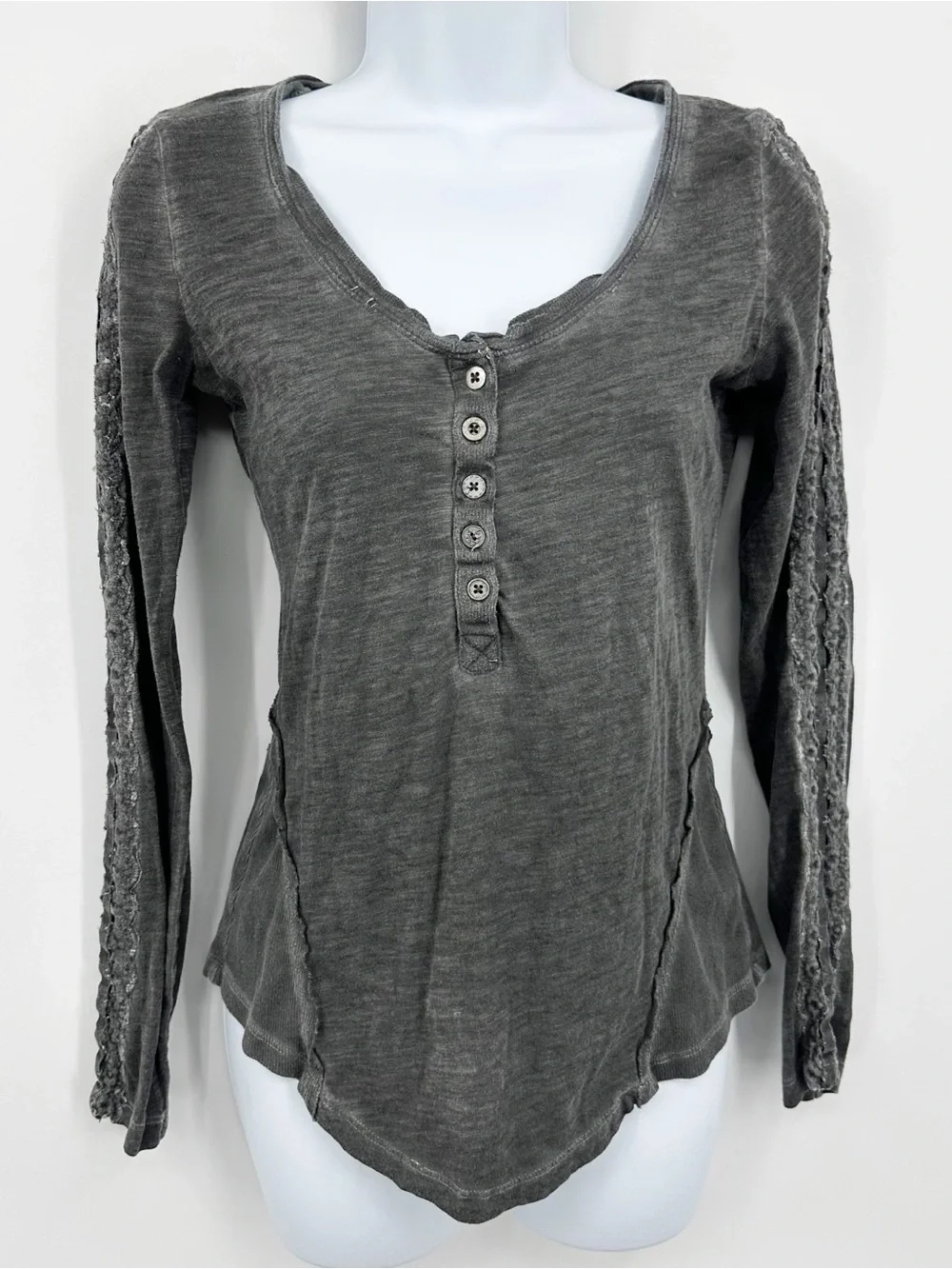 Free People Gray Henley Long Sleeve Cut Out Shirt Size Small Boho